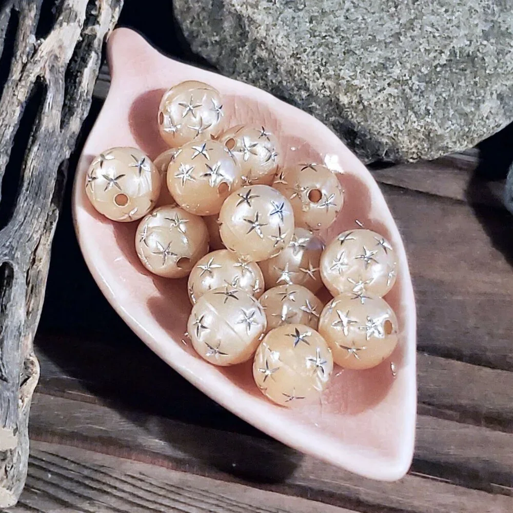 10 Vintage Retro Peach Silver Stars 12mm Round Acrylic Shabby Chic Beads